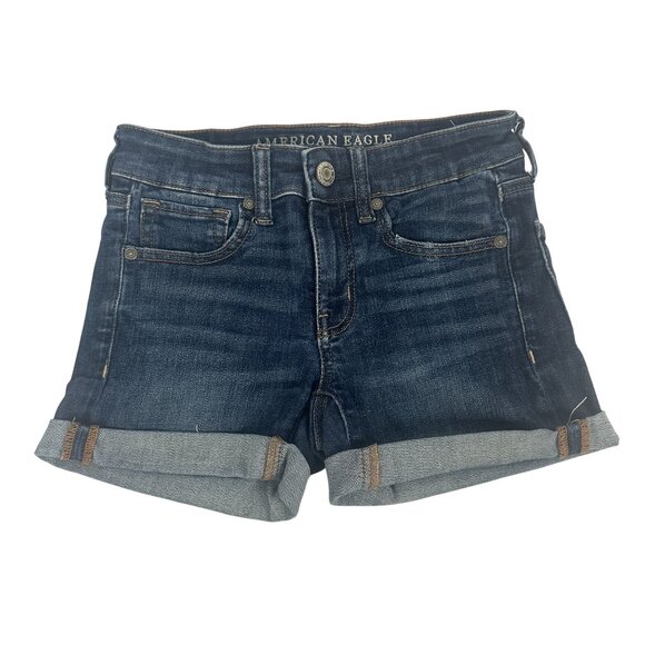 American Eagle Outfitters Womens Dark Wash Denim Shorts Size 2 Midi Stretch - Picture 1 of 6